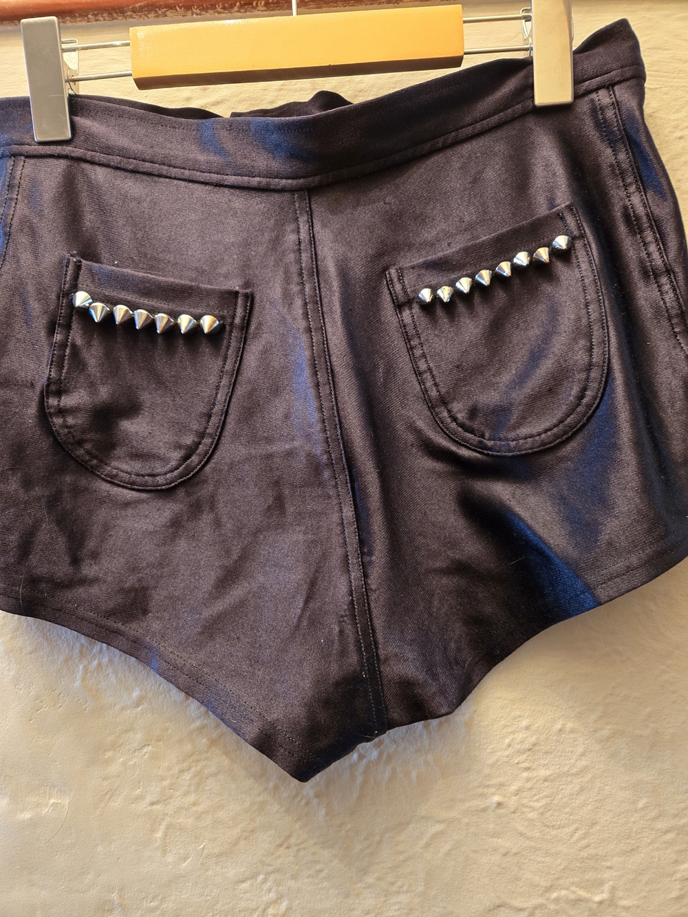 Rare American Apparel Hand Studded Wet Look Black Shorts L Goth Punk Clubwear